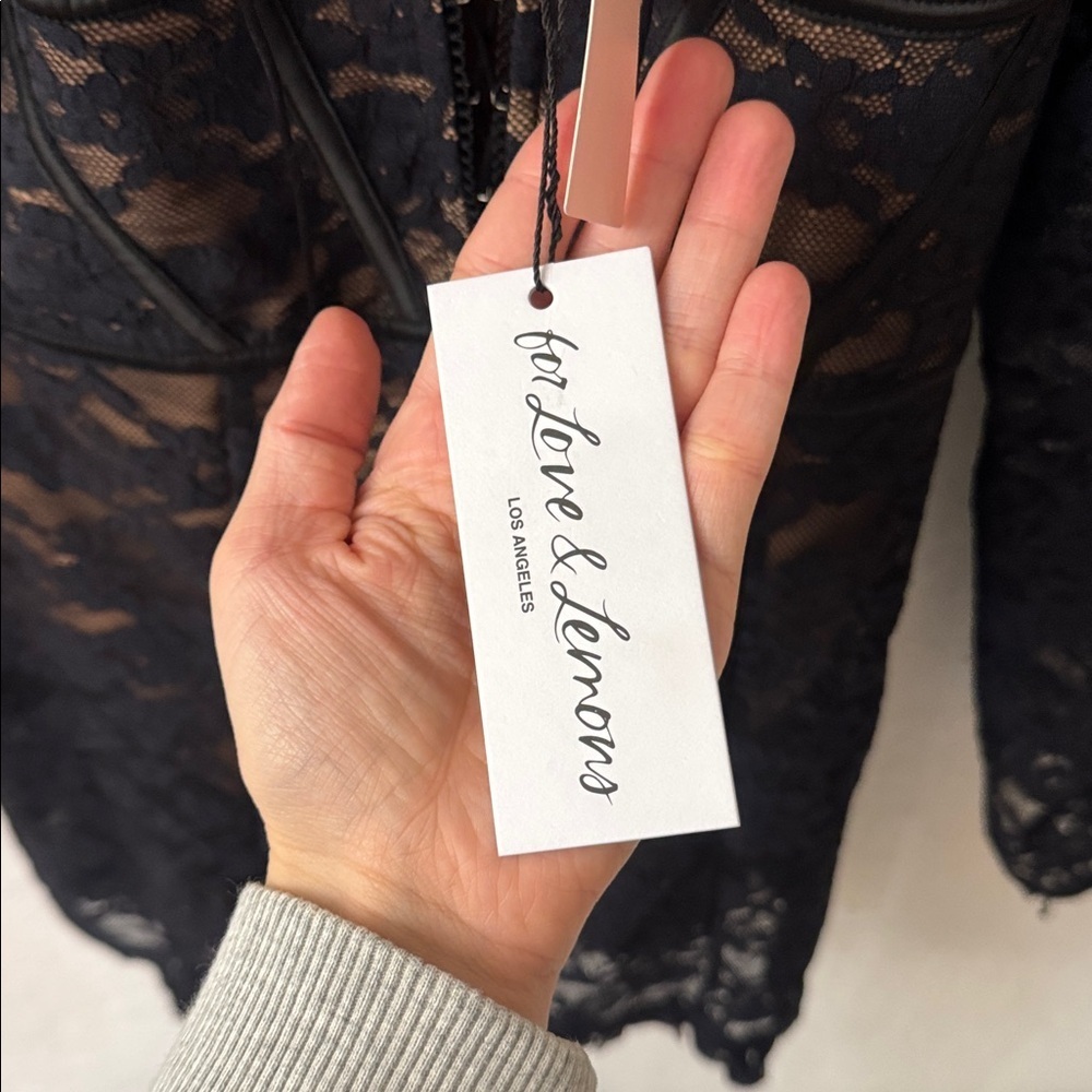 For Love and Lemons Dress Violetta Lace Up Mini Puff Sleeve Black Lace XS - Picture 7 of 8